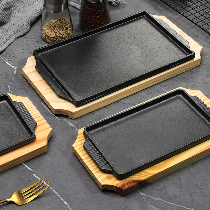 Camping Cooking Griddle - 무쇠 테판야끼 그릴 플레이트 직사각형 나무