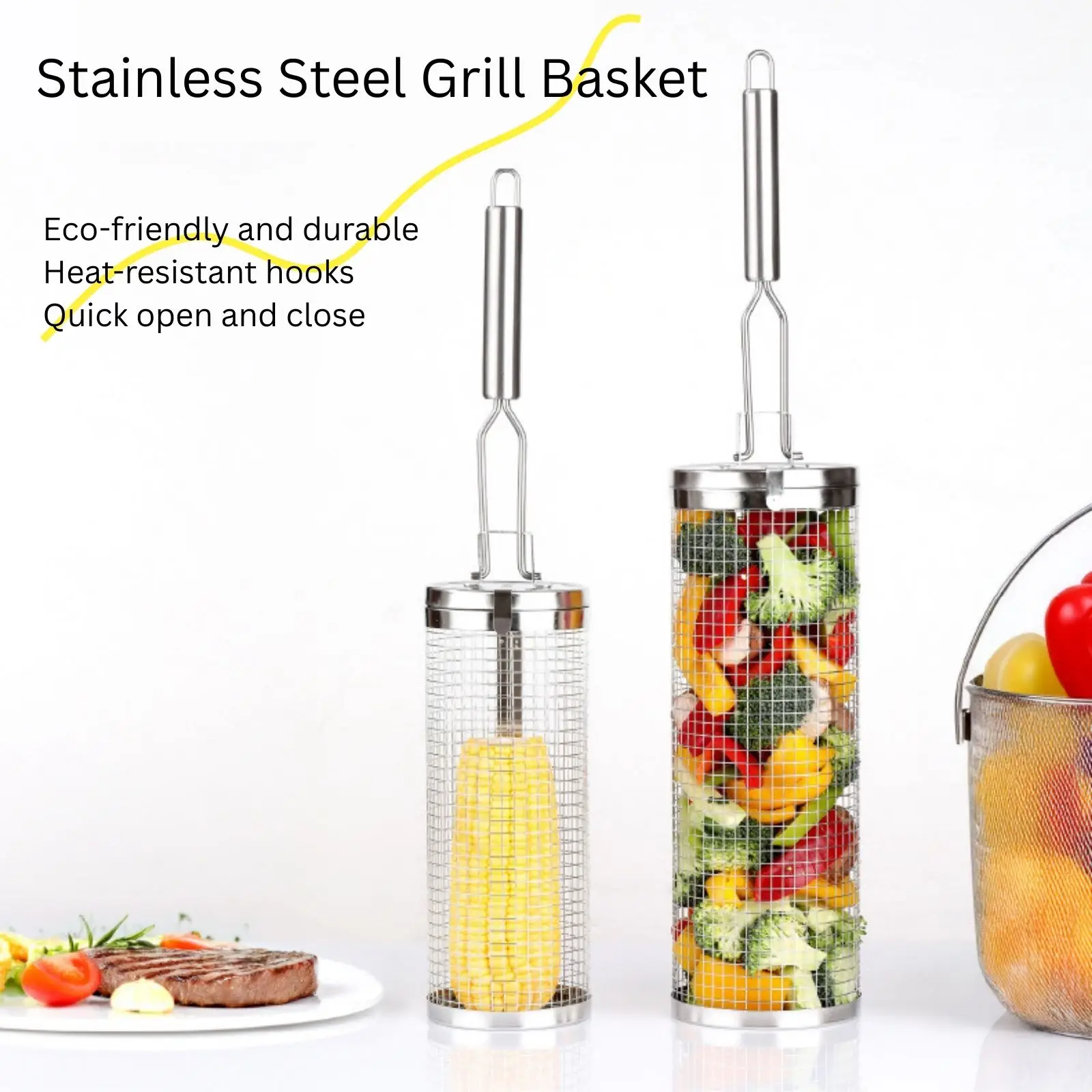 Camping Cooking Essentials - 스테인리스 스틸 롤링 그릴 바스켓 –