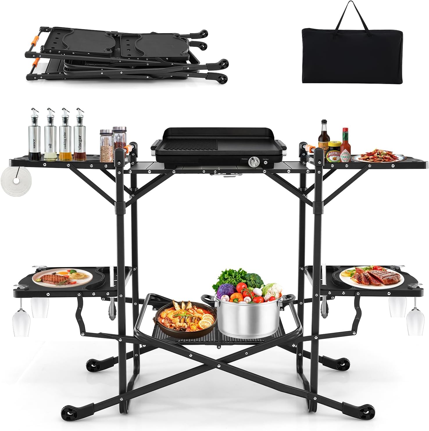 내열성 상판, 4개의 사이드 테이블, 수납 랙이 있는  - Camping Cooking Table With Storage 리뷰 및 가격